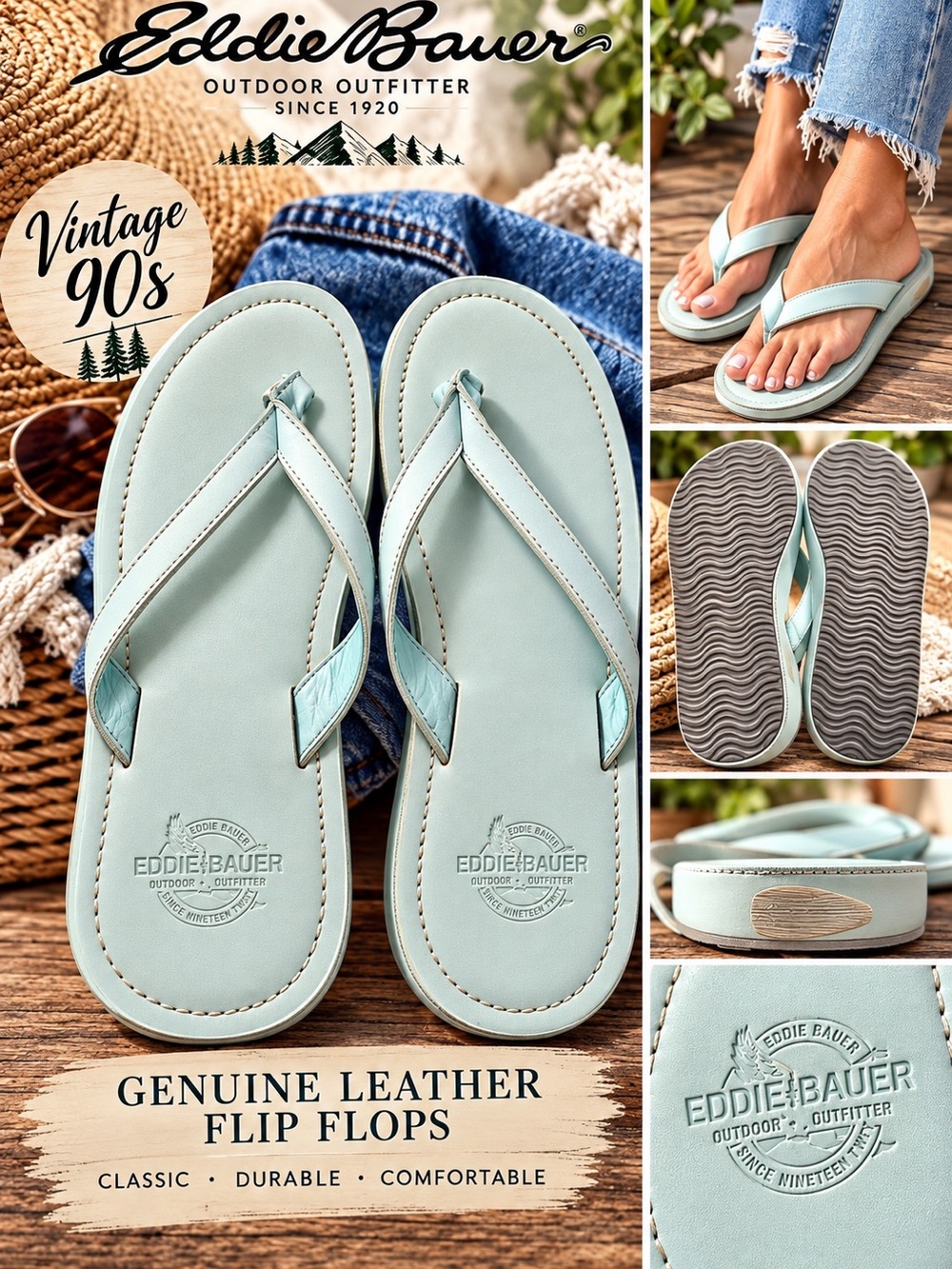 Vintage Eddie Bauer Leather Flip Flops | Sea Foam
Blue